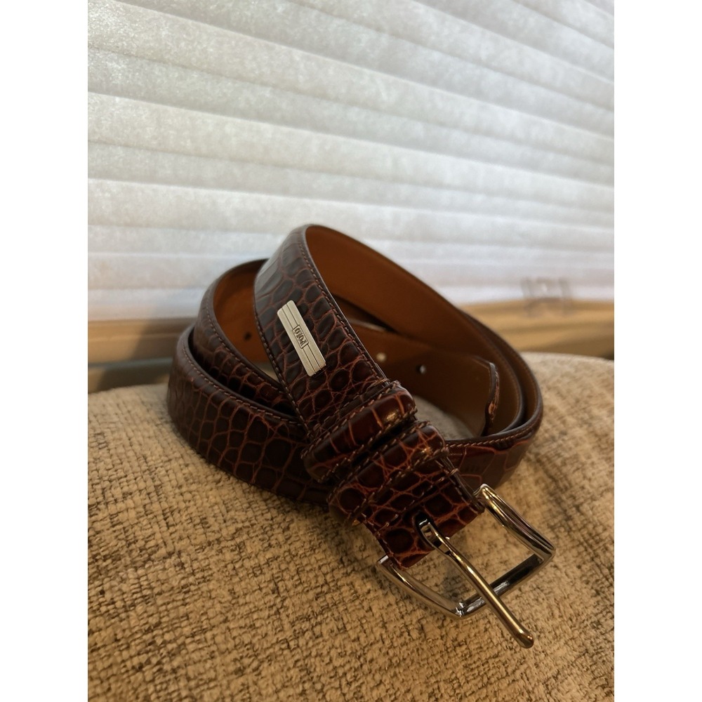 Polo Ralph Lauren Belt Mens 42 Italian Leather Croc Embossed Brown Silver Buckle